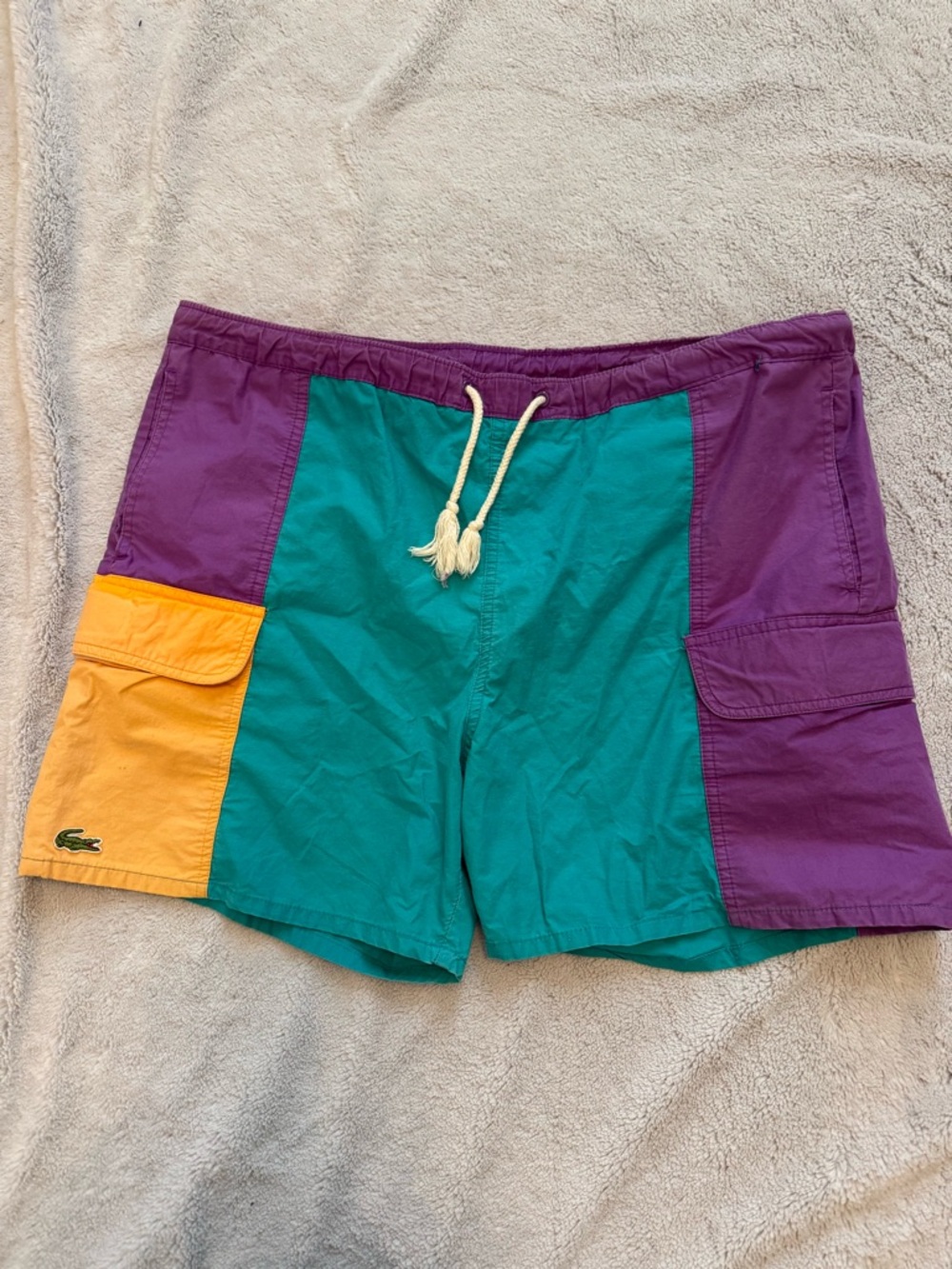 IZOD Lacoste Vintage Teal Purple Yellow Colorblock Swim Trunks Mens L 90s